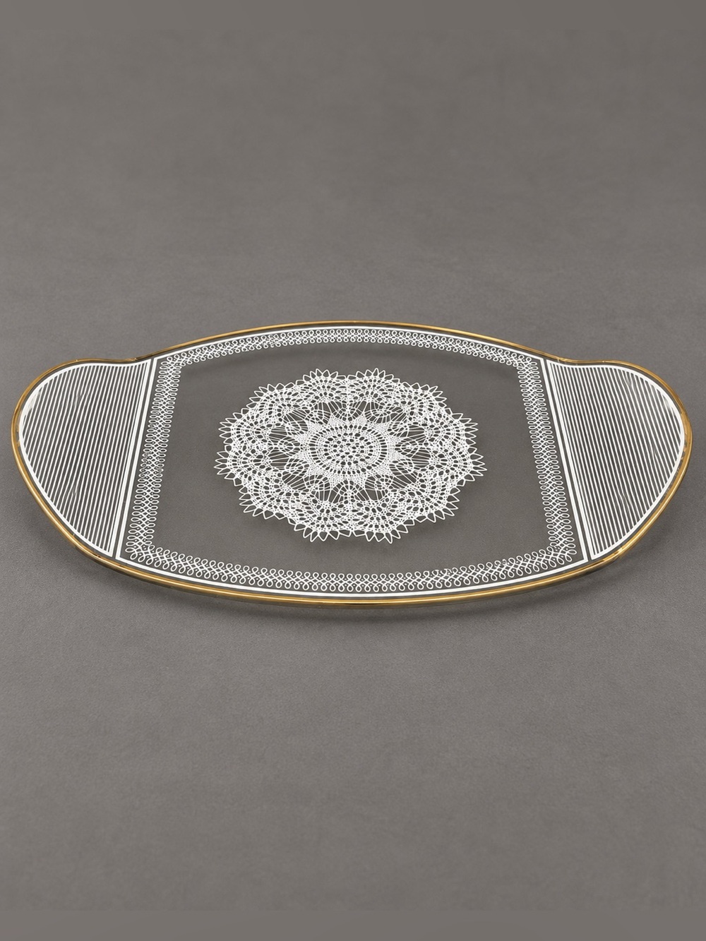 Crystal Clear Industries White Lace Gold Trim Oval Glass Serving Platter